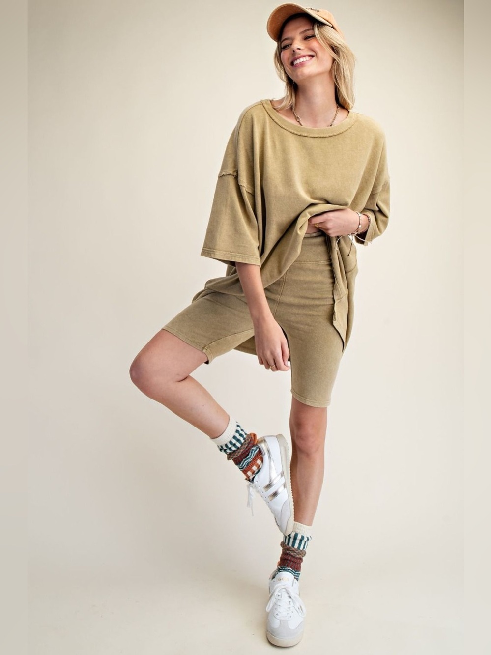Easel Olive Green High-Rise Biker Shorts & Oversized Tee Set